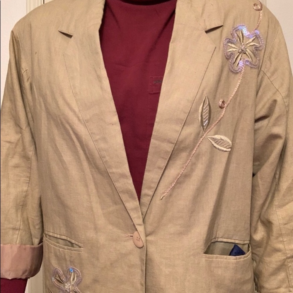 VINTAGE 80S ADOLFO BLAZER CRYSTAL FLOWER LINEN - Picture 3 of 12